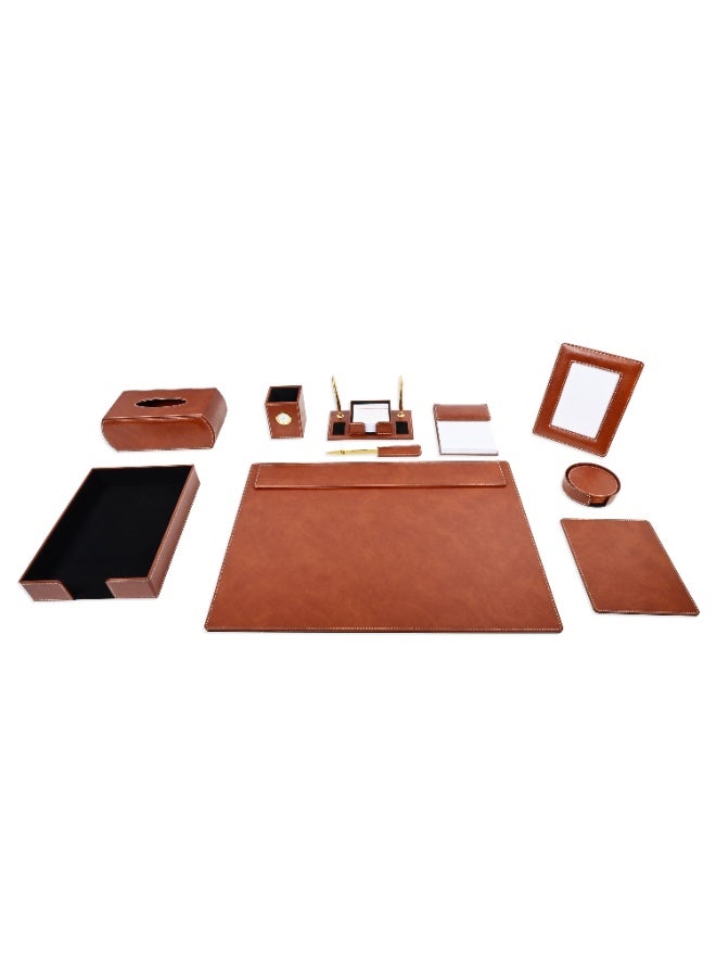 FIS Executive Desk Set, German Bonded Leather Materials, Set of 10 Pieces, Brown Color, Pack in Gift Box-FSDSEXBL231BR - Image 1