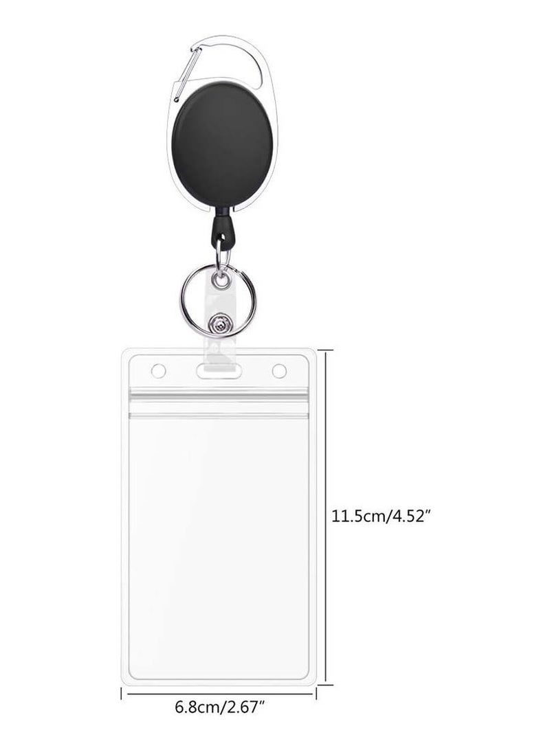 Chabeia ID Badge Holders with Clip and Keyring - Vertical Clear Plastic 2.52" x 3.58" Sleeves Fit Up to 3 Cards - Retractable 24" UHMWPE Fiber Pull Cords for Easy Access - 2-Pack, Black Reels  - Image 2