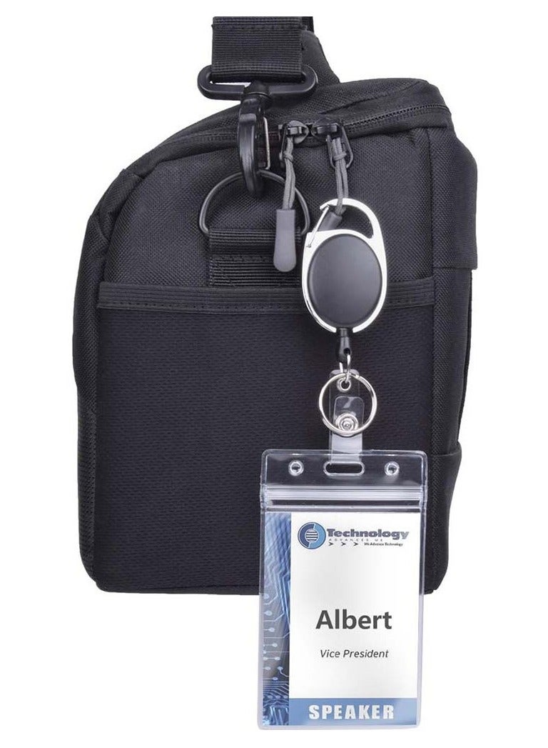Chabeia ID Badge Holders with Clip and Keyring - Vertical Clear Plastic 2.52" x 3.58" Sleeves Fit Up to 3 Cards - Retractable 24" UHMWPE Fiber Pull Cords for Easy Access - 2-Pack, Black Reels  - Image 4