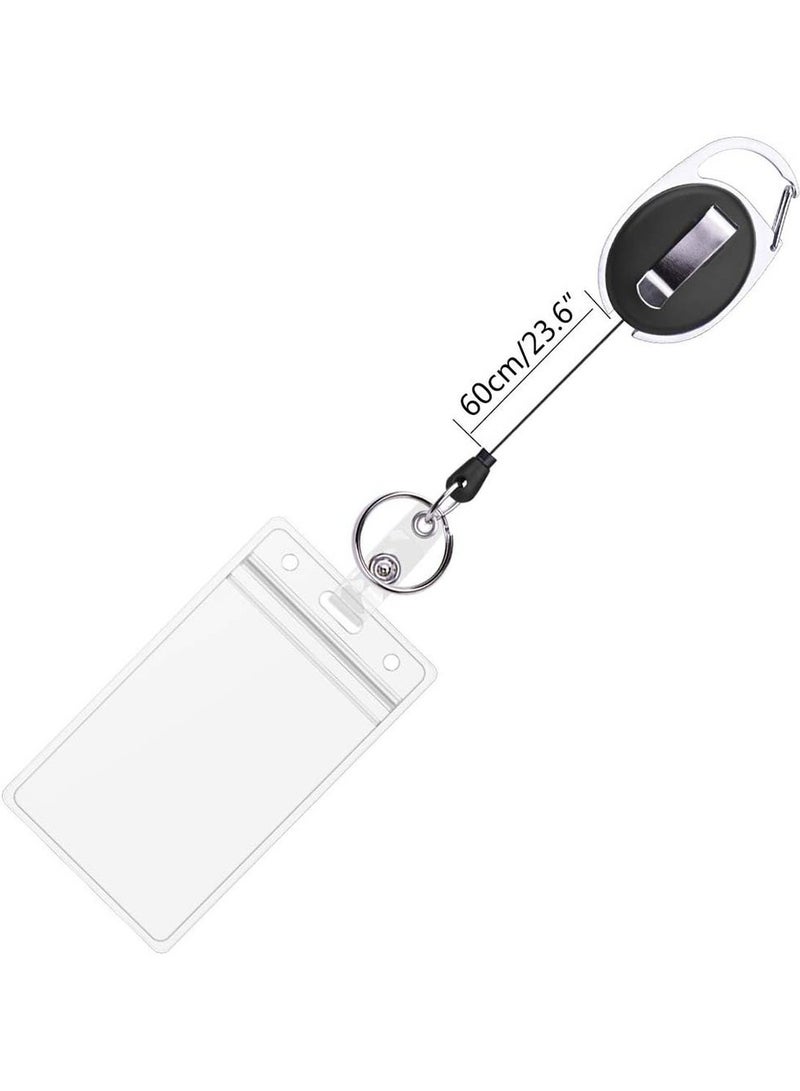 Chabeia ID Badge Holders with Clip and Keyring - Vertical Clear Plastic 2.52" x 3.58" Sleeves Fit Up to 3 Cards - Retractable 24" UHMWPE Fiber Pull Cords for Easy Access - 2-Pack, Black Reels  - Image 5