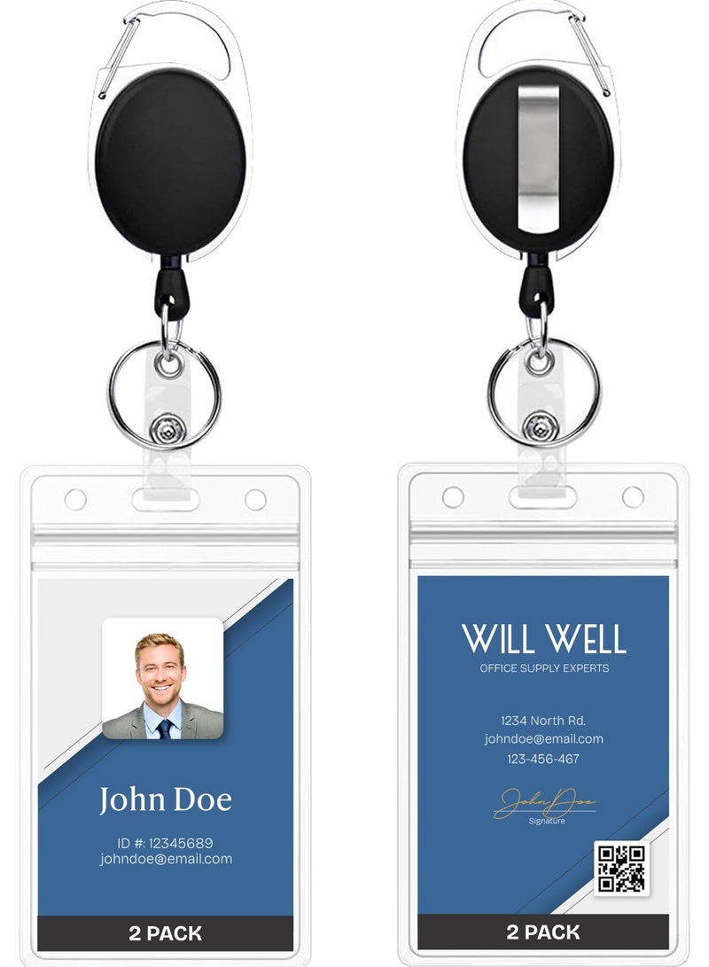 Chabeia ID Badge Holders with Clip and Keyring - Vertical Clear Plastic 2.52" x 3.58" Sleeves Fit Up to 3 Cards - Retractable 24" UHMWPE Fiber Pull Cords for Easy Access - 2-Pack, Black Reels  - Image 1
