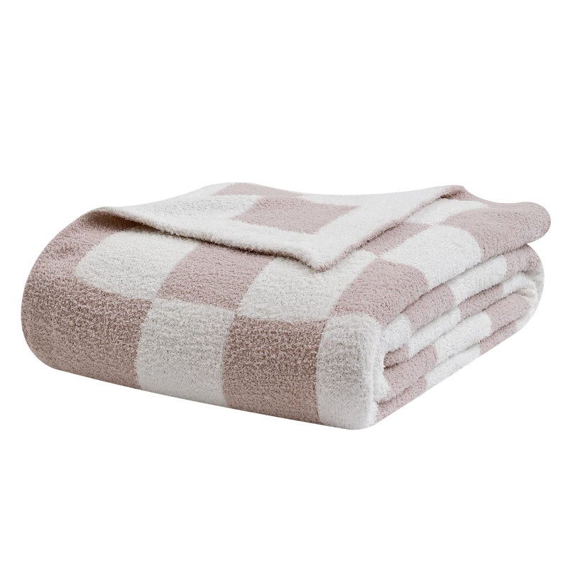 bearberry Fuzzy Checkerboard Grid Throw Blanket Soft Cozy Warm Microfiber All Season Blanket Decor for Couch Sofa Bed Travel Home (Cream, 50''x60'') - Image 1