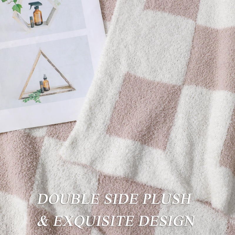 bearberry Fuzzy Checkerboard Grid Throw Blanket Soft Cozy Warm Microfiber All Season Blanket Decor for Couch Sofa Bed Travel Home (Cream, 50''x60'') - Image 3