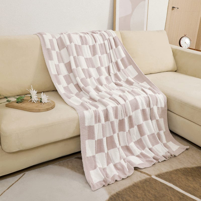 bearberry Fuzzy Checkerboard Grid Throw Blanket Soft Cozy Warm Microfiber All Season Blanket Decor for Couch Sofa Bed Travel Home (Cream, 50''x60'') - Image 5