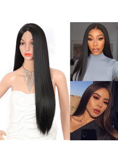 Kalyss Kalyss 26 Long Straight Black Synthetic Lace Wigs for Women Middle Parted Natural Looking and Soft Touch Heat Resistant Synthetic Small Edge Lace Front Wig 