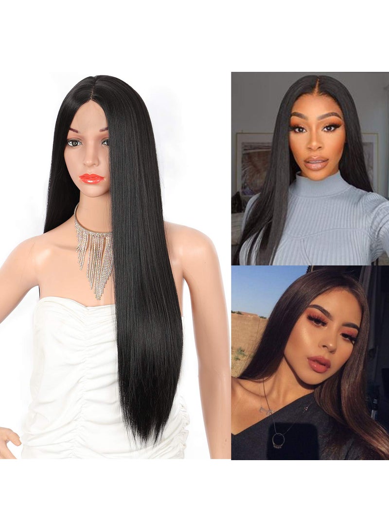 Kalyss Kalyss 26 Long Straight Black Synthetic Lace Wigs for Women Middle Parted Natural Looking and Soft Touch Heat Resistant Synthetic Small Edge Lace Front Wig 