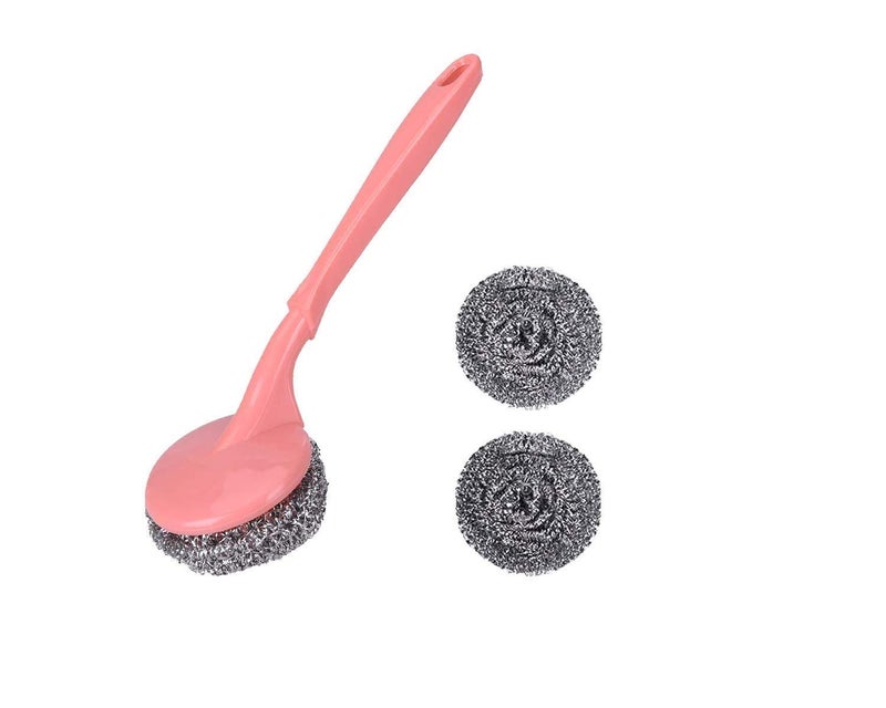 Adaamya® Steel Scrubber with Handle for Kitchen and Utensil Cleaning with 2 Additional Steel Scrubber - Image 1