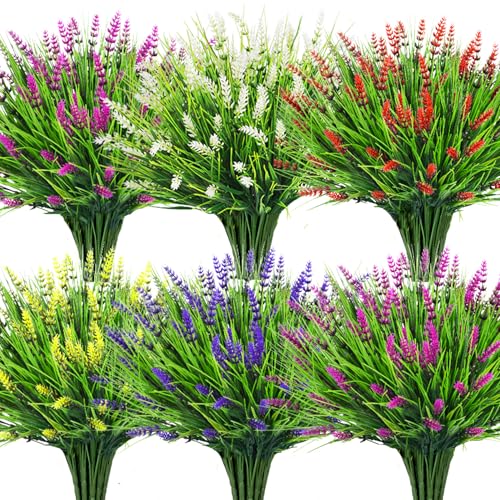 Bassion Artificial Flowers for Outdoors 24 Bundles Fake Lavender Flowers UV Resistant Mixed Color Plastic Plants Faux Monkey Grass for Home Porch Garden Window Box Indoor Outdoor Decorations - Image 1