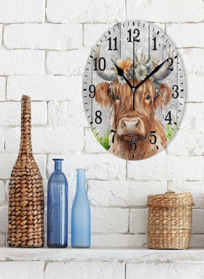 JUNZAN Clock Cute Highland Cow Wearing Flower Crown Watercolor Bathroom Wall Clock for Indoor Decor No Ticking 10 Inch Round Small Clock for Hospital Classroom Home Living Room - Image 4