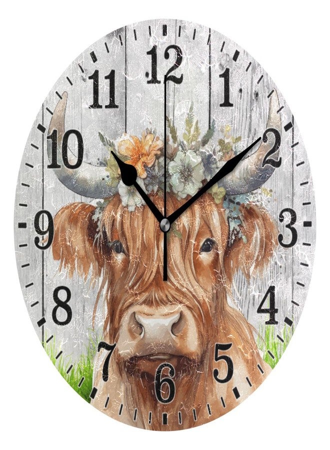 JUNZAN Clock Cute Highland Cow Wearing Flower Crown Watercolor Bathroom Wall Clock for Indoor Decor No Ticking 10 Inch Round Small Clock for Hospital Classroom Home Living Room - Image 1
