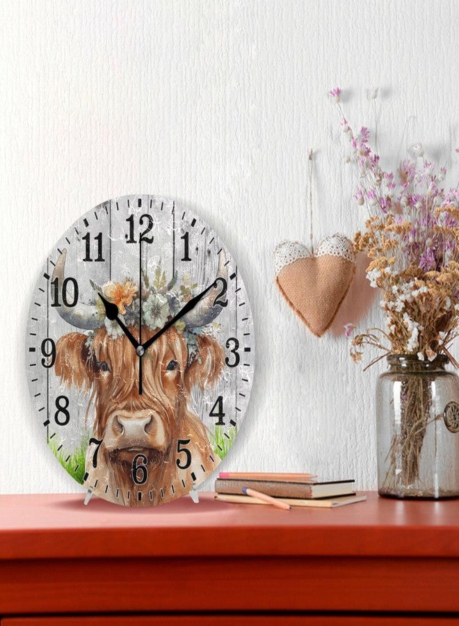 JUNZAN Clock Cute Highland Cow Wearing Flower Crown Watercolor Bathroom Wall Clock for Indoor Decor No Ticking 10 Inch Round Small Clock for Hospital Classroom Home Living Room - Image 3