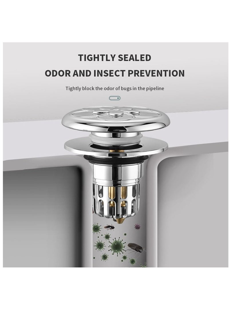 Excefore قابس حوض منبثق، 2 قطع مصفاة تصريف من نوع الضغط، قابل للضغط مع نواة نحاسية مطلية بالكهرباء لإيقاف تسرب الحوض لحوض الغسيل/حوض الحمام، فضي - Image 5