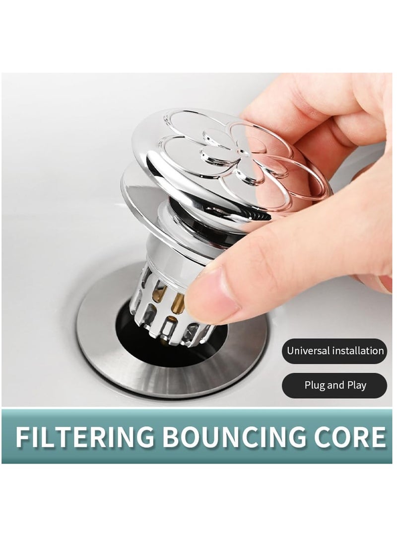 Excefore قابس حوض منبثق، 2 قطع مصفاة تصريف من نوع الضغط، قابل للضغط مع نواة نحاسية مطلية بالكهرباء لإيقاف تسرب الحوض لحوض الغسيل/حوض الحمام، فضي - Image 3