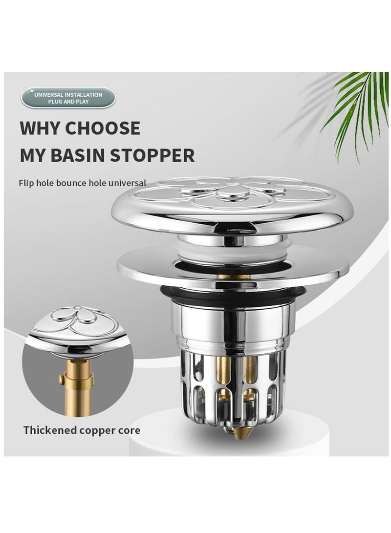 Excefore قابس حوض منبثق، 2 قطع مصفاة تصريف من نوع الضغط، قابل للضغط مع نواة نحاسية مطلية بالكهرباء لإيقاف تسرب الحوض لحوض الغسيل/حوض الحمام، فضي - Image 2