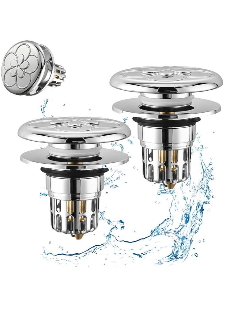 Excefore قابس حوض منبثق، 2 قطع مصفاة تصريف من نوع الضغط، قابل للضغط مع نواة نحاسية مطلية بالكهرباء لإيقاف تسرب الحوض لحوض الغسيل/حوض الحمام، فضي - Image 1