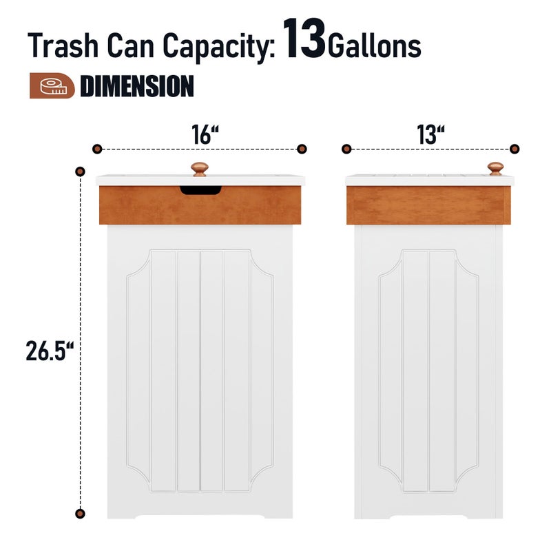 Function Home Trash Can Cabinet, 13 Gallon Kitchen Garbage Can, Wooden Recycling Trash Bin, Dog Proof Trash Can, Trash Cabinet with Lid for Home Kitchen Bathroom, White - Image 4