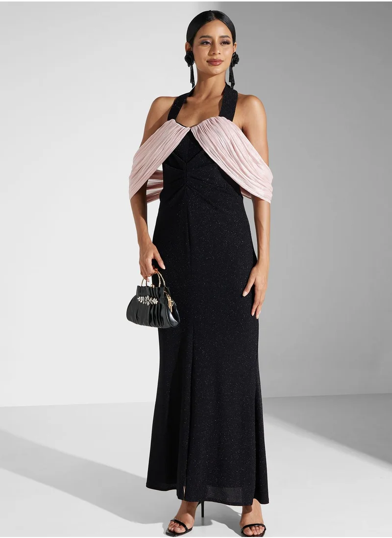 Namshi x Drapped Off Shoulder Shimmer Dress