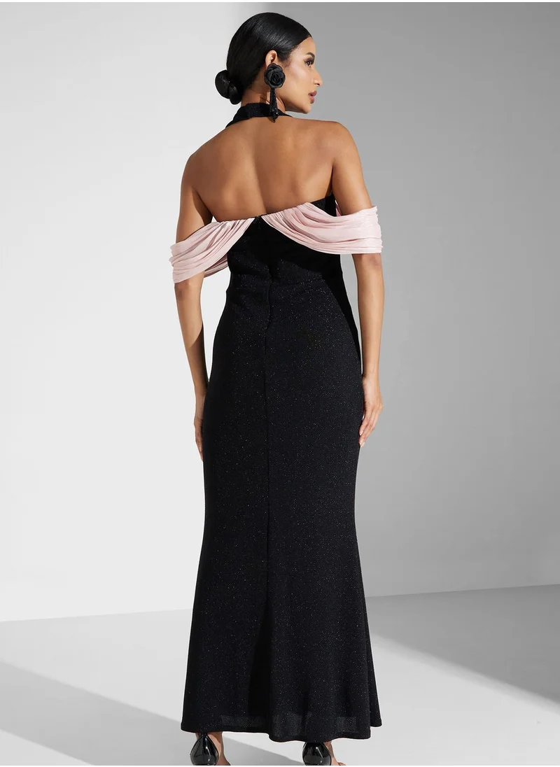 Namshi x Drapped Off Shoulder Shimmer Dress