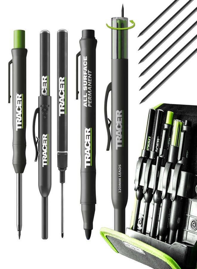 Tracer مجموعة أقلام تحديد البناء Tracer من 5 قطع مع حقيبة تخزين - قلم رصاص للنجار، 2 قلم تحديد ذو رأس طويل، قلم تحديد مانع للانسداد وموزع رصاص بديل - Image 1