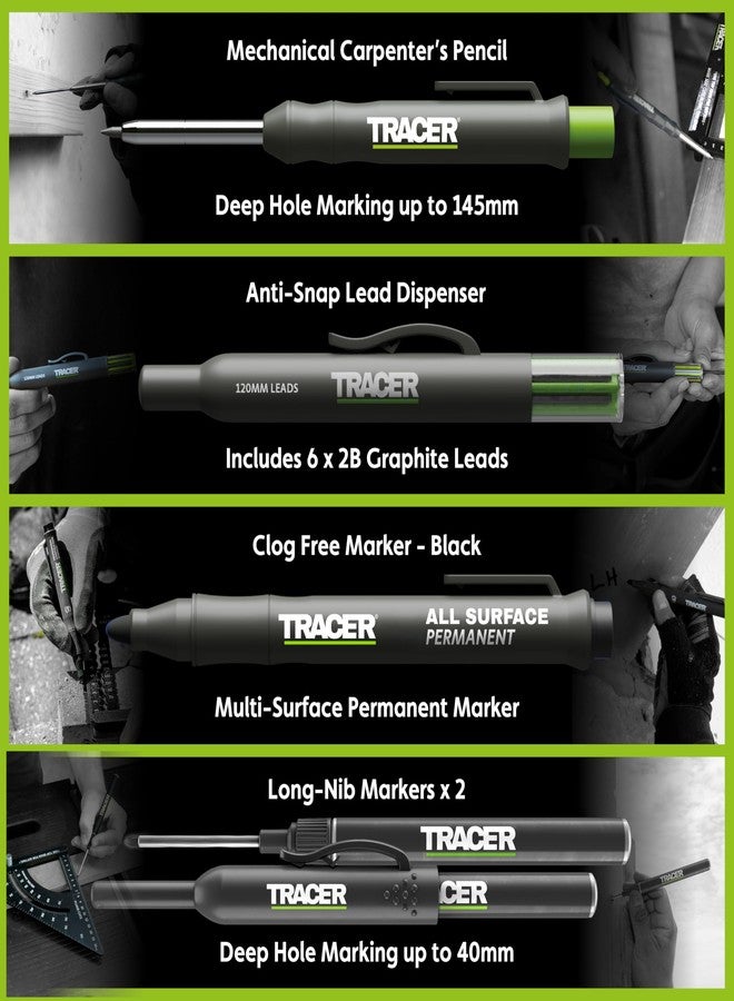 Tracer مجموعة أقلام تحديد البناء Tracer من 5 قطع مع حقيبة تخزين - قلم رصاص للنجار، 2 قلم تحديد ذو رأس طويل، قلم تحديد مانع للانسداد وموزع رصاص بديل - Image 2