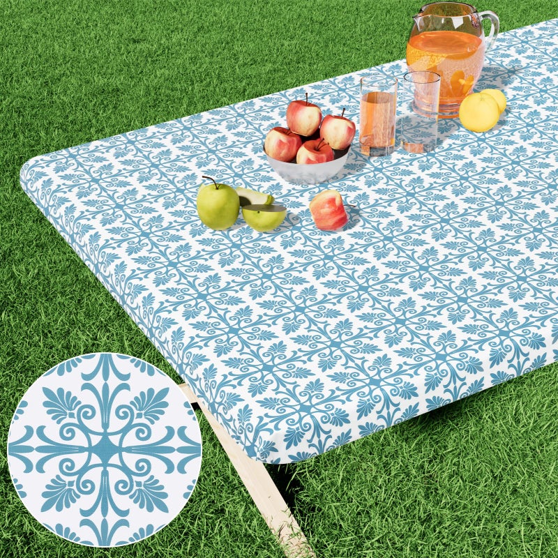 misaya Rectangle Vinyl Table Cloth Elastic Fitted Flannel Backed Tablecloth 100 Waterproof Plastic Table Cover Fits 6 Foot Folding Tables for Picnic Camping Outdoor Aqua 30 x 72
