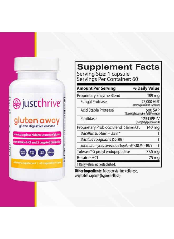 Just Thrive - Just Thrive Gluten Away - Vegan Digestive Enzymes for Digestion - Probiotic Support for Trace Gluten, 60 Capsules - Image 1