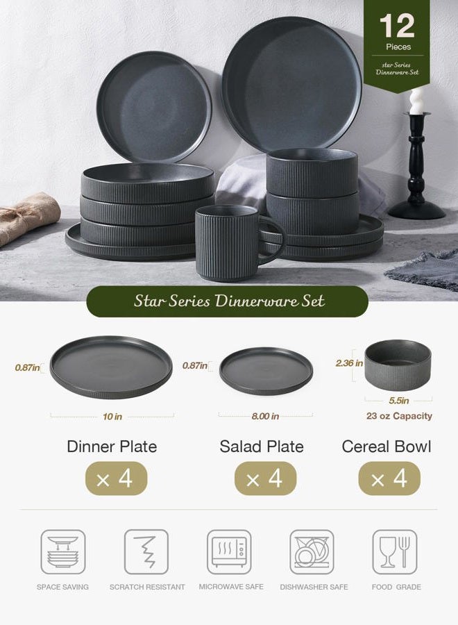 Famiware Star Dinnerware Sets, Plates and Bowls Set for 4, 12 Pieces Dish Set - Chip and Scratch Resistant, Microwave and Dishwasher Safe Kitchen Set, Matte Dark Charcoal - Image 3