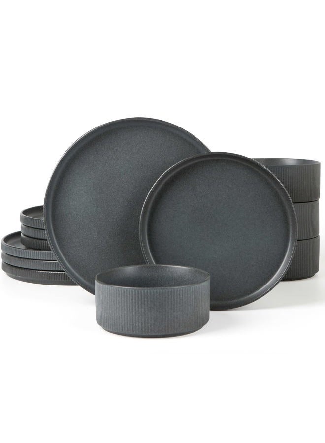 Famiware Star Dinnerware Sets, Plates and Bowls Set for 4, 12 Pieces Dish Set - Chip and Scratch Resistant, Microwave and Dishwasher Safe Kitchen Set, Matte Dark Charcoal - Image 1