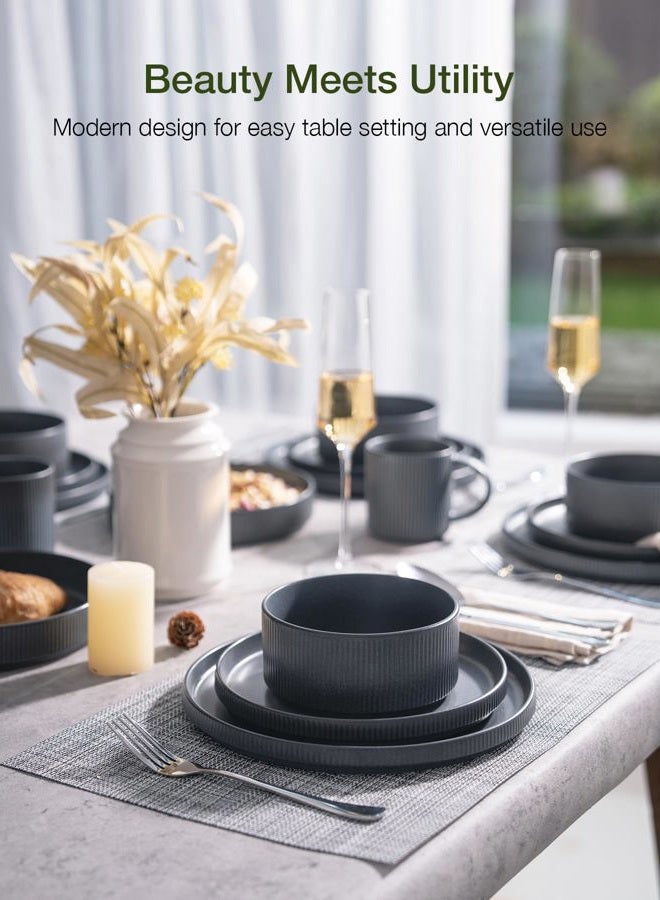 Famiware Star Dinnerware Sets, Plates and Bowls Set for 4, 12 Pieces Dish Set - Chip and Scratch Resistant, Microwave and Dishwasher Safe Kitchen Set, Matte Dark Charcoal - Image 2