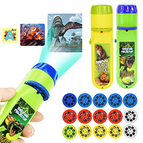 Yeelan 2PCS Projector Torch Projection Light Torches lamp Flashlight Dinosaur Sea Animals Space Animal 26 Letter Educational Learning Bedtime Night Light for ChildKids 120 Images 5 Themes - Image 1