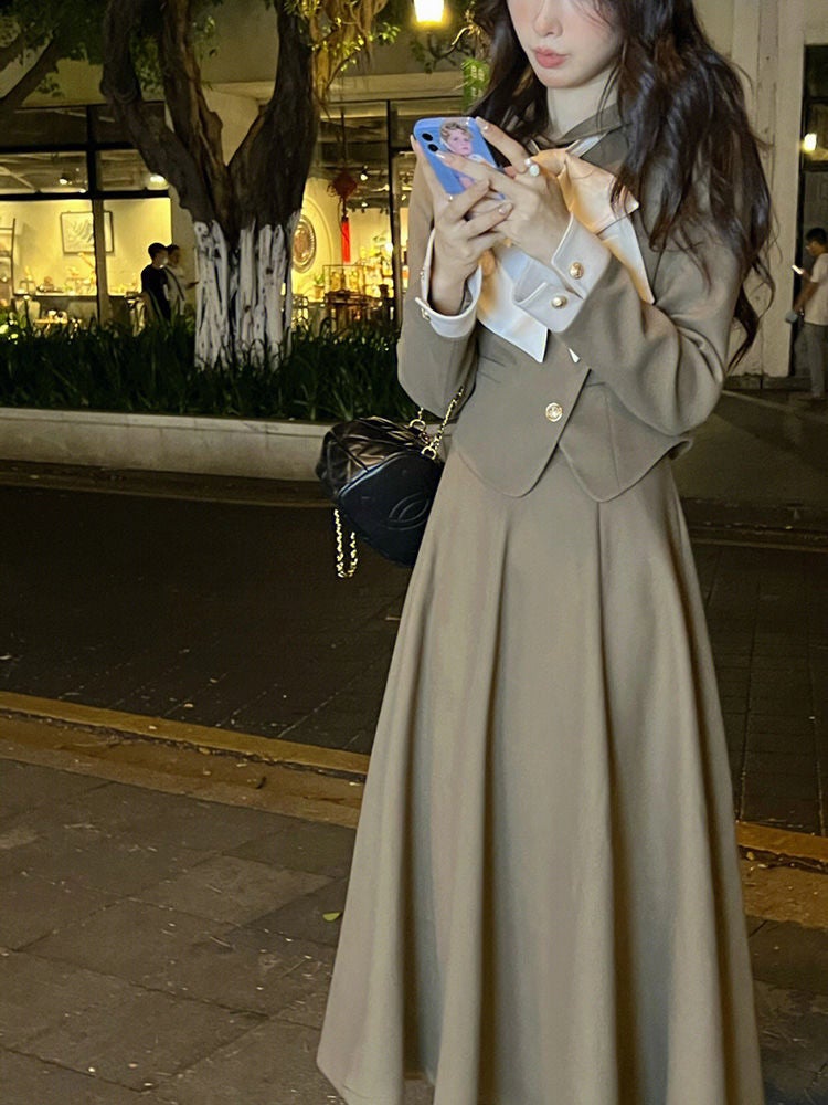 Autumn and Winter New Korean Style Suit Skirt Retro College Style Fashionable Lady Light Luxury Fragrant Style Skirt Suit Women Camel Skirt - Image 1