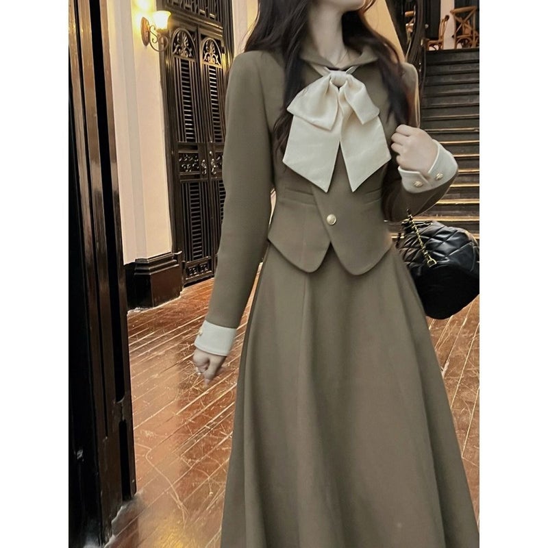 Autumn and Winter New Korean Style Suit Skirt Retro College Style Fashionable Lady Light Luxury Fragrant Style Skirt Suit Women Camel Skirt - Image 2