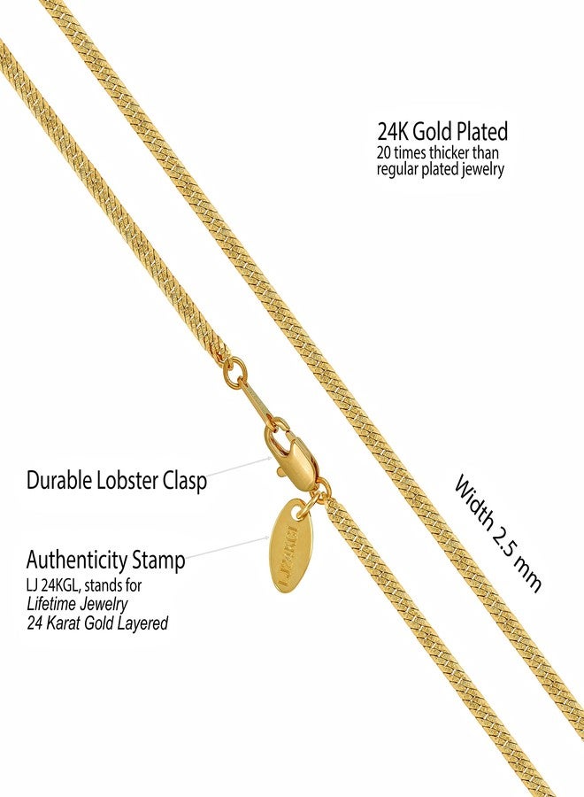LIFETIME JEWELRY Crushed Herringbone Chain Necklaces for Women and Men 24k Gold Plated (30 inches, 2.5mm, Gold) - Image 4