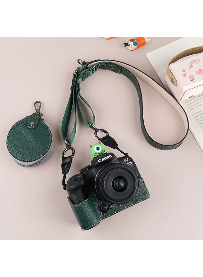 Suitable For Canon R10 Camera Bag R50 Camera Protective Case R100 Protective Case Retro Leather Case Micro Single Crosbody Bag-Color:D: R10 Lili (green) Single Base + V303 Shoulder Strap + Small Bag - Image 1