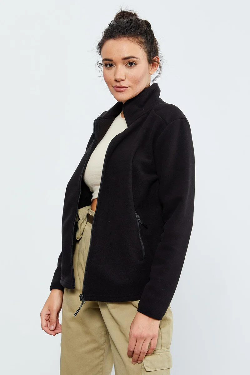 تومي لايف Black Women's Stand Collar Zippered Comfortable Fleece Sweatshirt - 97173