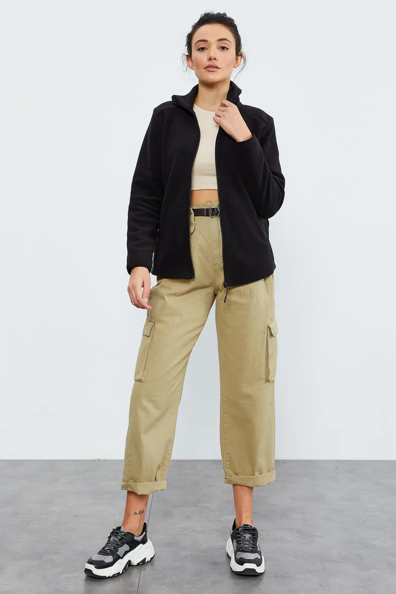 تومي لايف Black Women's Stand Collar Zippered Comfortable Fleece Sweatshirt - 97173