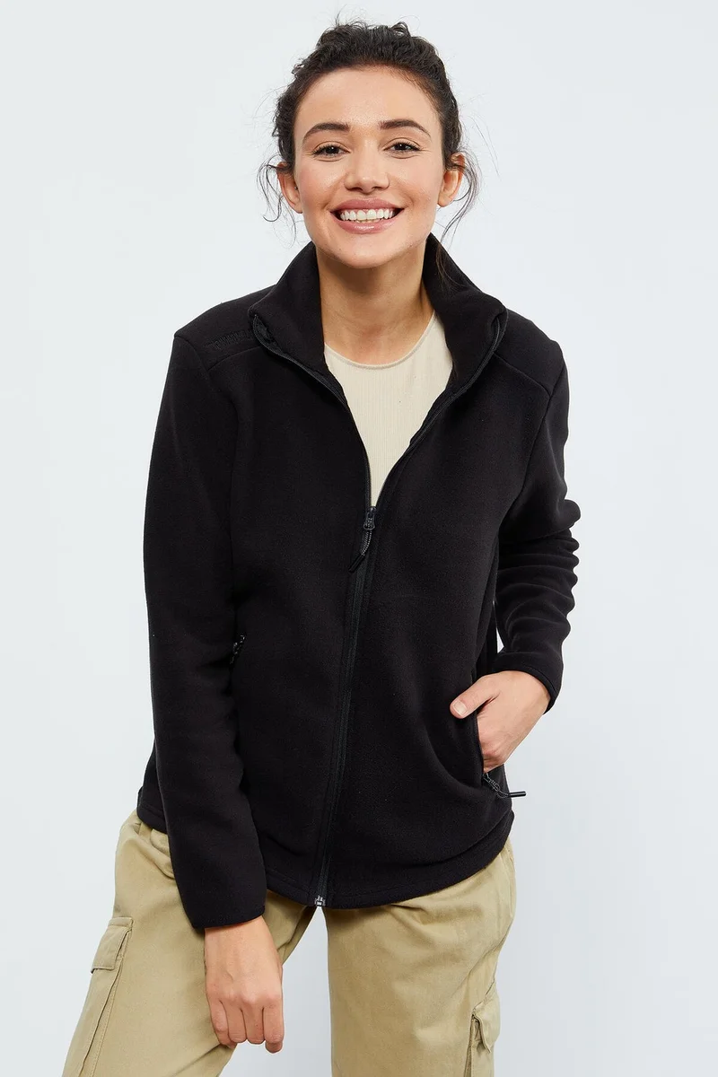 تومي لايف Black Women's Stand Collar Zippered Comfortable Fleece Sweatshirt - 97173