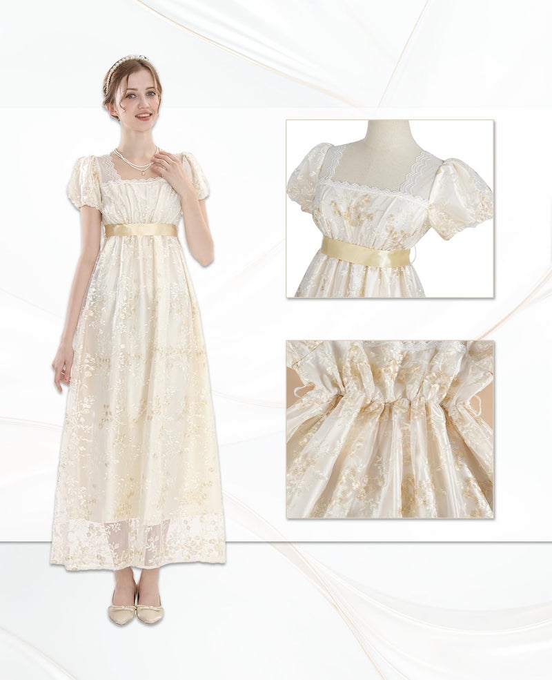 NSPSTT Golden Regency Dresses for Women Plus Size Victorian Ball Gown with Long White Gloves,beige, S - Image 2