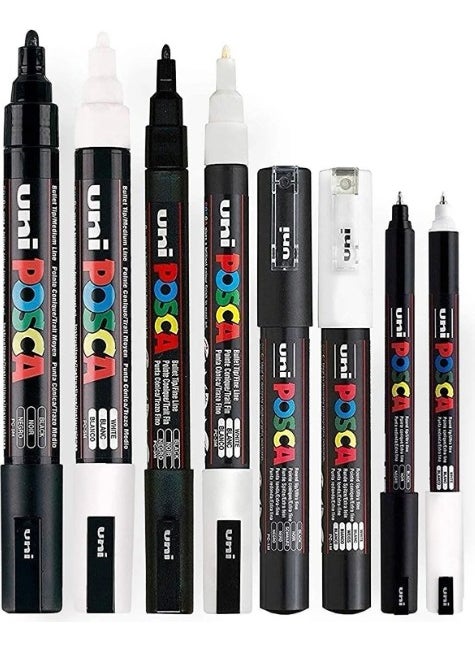 Uni-posca - 1mr 1m 3m 5m Black and White 8-Piece Pen Set - Image 1