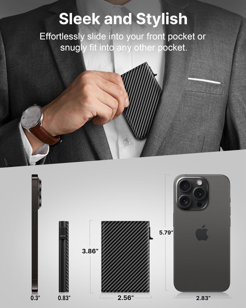 typecase Mens Wallet Card Holder: Pop Up Aluminum Case, Genuine Leather, Smart, RFID Blocking, Slim, Minimalist, Front Pocket - 9-14 Card Capacity | ID Window | Cash Slot (Carbon Fiber Navy) - Image 4