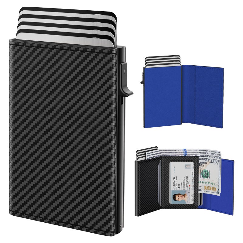 typecase Mens Wallet Card Holder: Pop Up Aluminum Case, Genuine Leather, Smart, RFID Blocking, Slim, Minimalist, Front Pocket - 9-14 Card Capacity | ID Window | Cash Slot (Carbon Fiber Navy) - Image 1