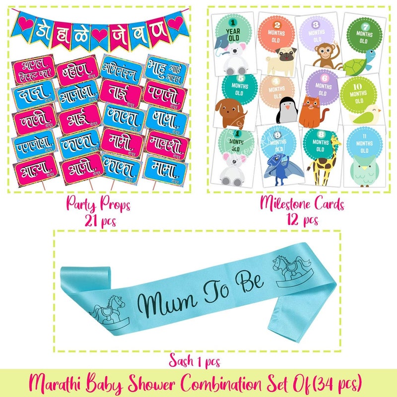 Wobbox Marathi Baby Shower Decoration Items| Baby Shower Ceremony Photo Booth Props for Photoshoot, Baby Shower Banner& Mom to Be Sash with Milestone Card, Godh Bharai Ceremony Decoration Kit-(FP223) - Image 2