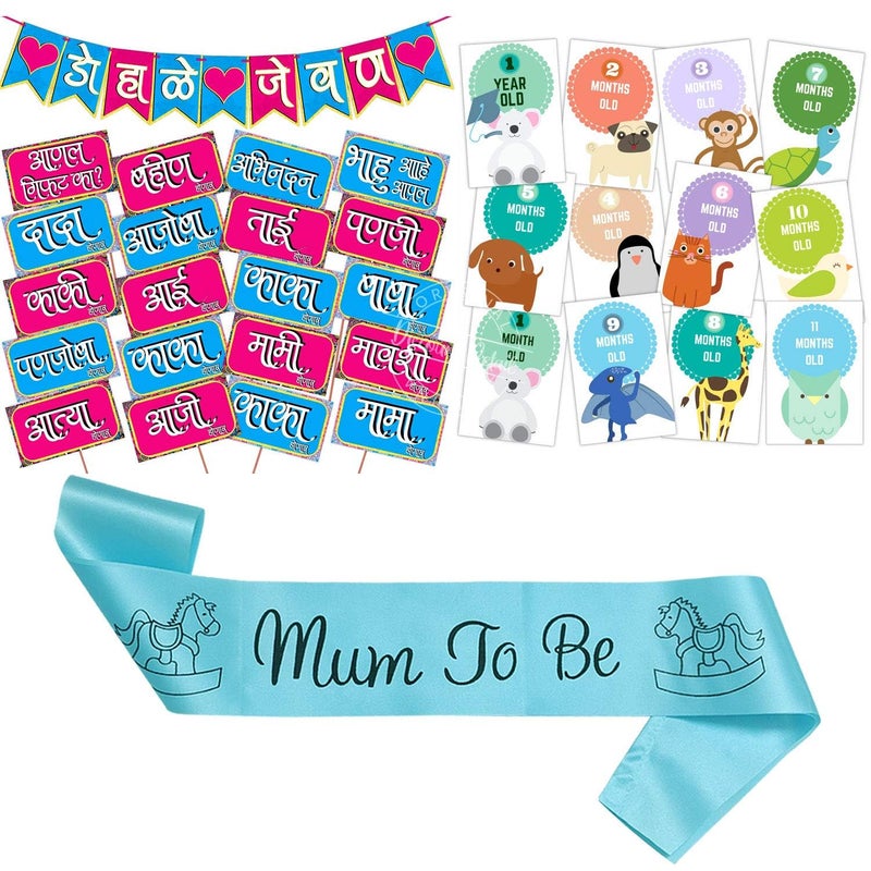 Wobbox Marathi Baby Shower Decoration Items| Baby Shower Ceremony Photo Booth Props for Photoshoot, Baby Shower Banner& Mom to Be Sash with Milestone Card, Godh Bharai Ceremony Decoration Kit-(FP223) - Image 1