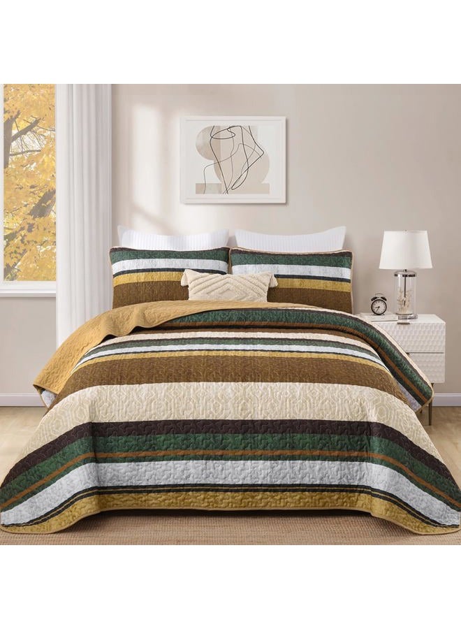 Dobuyly Brown Quilt Set Queen Size, Boho Fall Bedspread, Striped Bedding Sets 3 Pieces, Lightweight Soft Coverlet Bed Sets with 2 Pillow Shams 96"x90" - Image 2