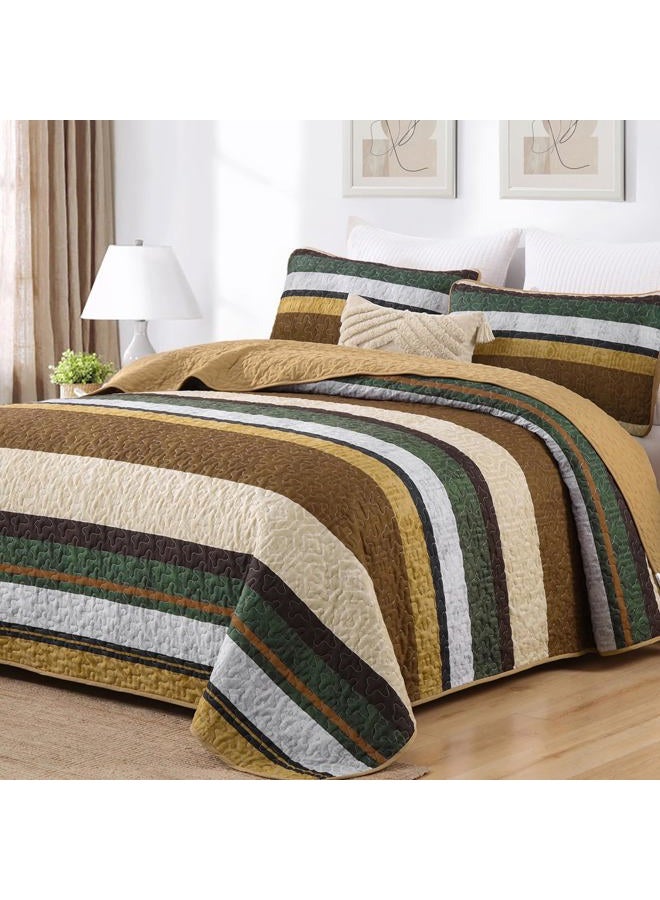 Dobuyly Brown Quilt Set Queen Size, Boho Fall Bedspread, Striped Bedding Sets 3 Pieces, Lightweight Soft Coverlet Bed Sets with 2 Pillow Shams 96"x90" - Image 1
