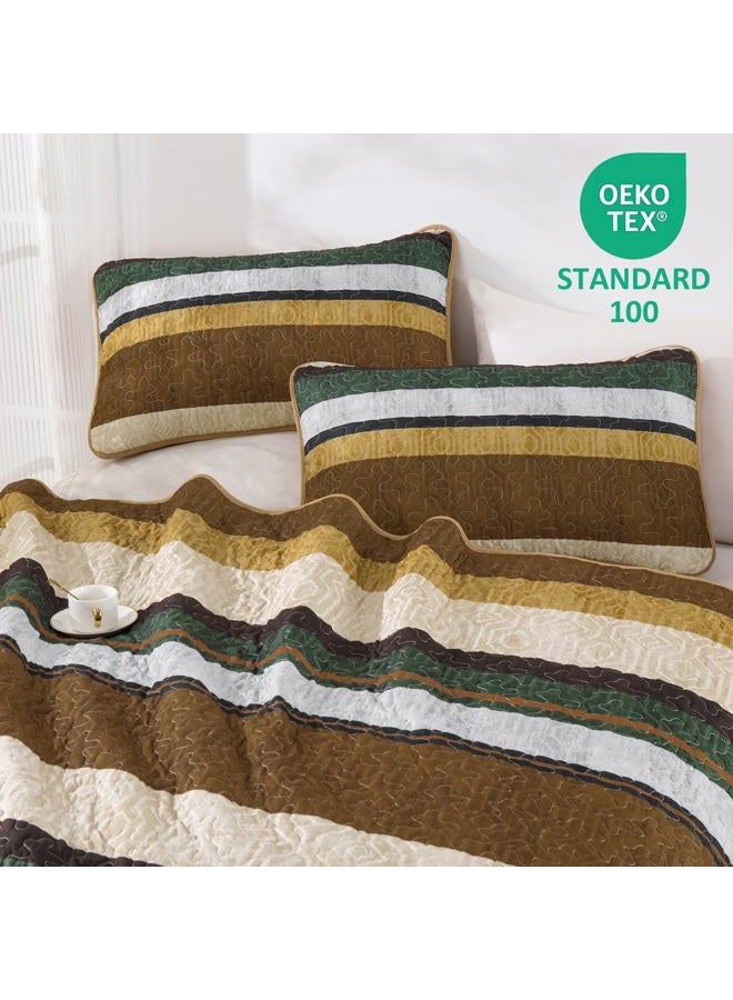 Dobuyly Brown Quilt Set Queen Size, Boho Fall Bedspread, Striped Bedding Sets 3 Pieces, Lightweight Soft Coverlet Bed Sets with 2 Pillow Shams 96"x90" - Image 3
