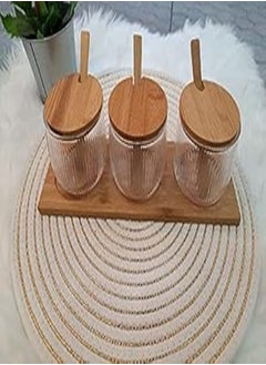 Generic Glass spice set with lid and wood tray - 3 piece 