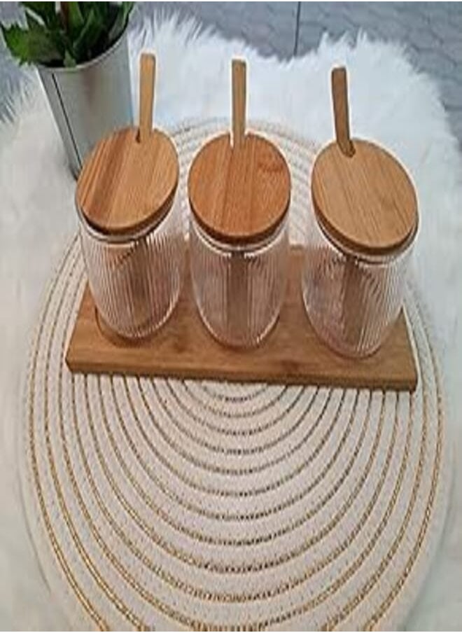 Generic - Glass spice set with lid and wood tray - 3 piece - Image 1