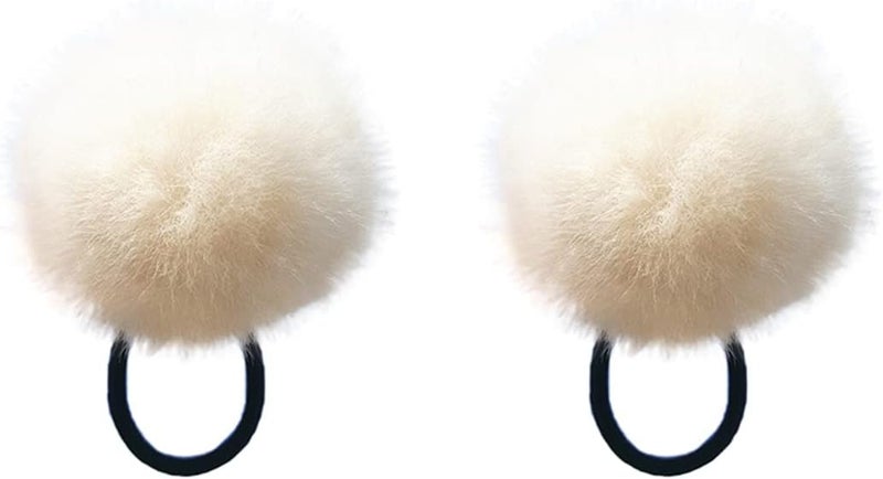 ECYC Pom Hair Ties 2 Pcs Pom Pom Elastic Hair Ties Cute Pompom Hair Bands Fluffy Ponytail Holders for Women and Girls White