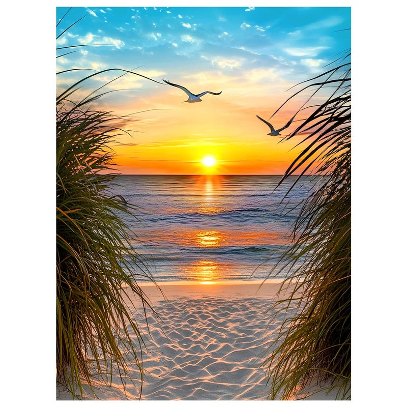 NPCSWXQ Sunset on The Beach Diamond Art Kits for Adults, Seaside Reeds 5D Diamond Dots Kits for Adults Beginners, DIY Full Drill Paint Art Kits for Home Wall Bedroom or Office Decor Gift 12x16Inch - Image 1